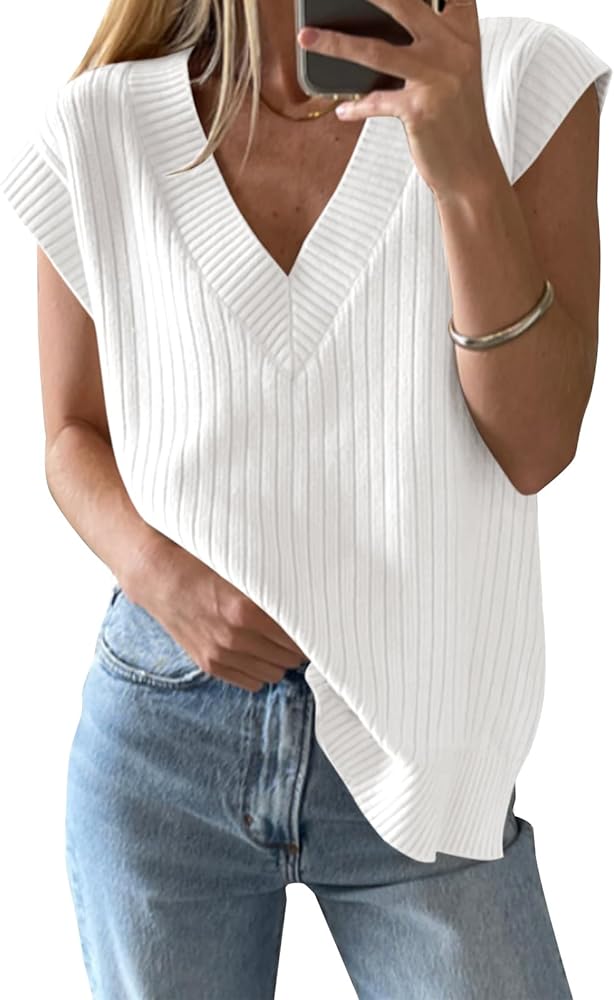 Saodimallsu Womens V Neck Sweater Vest Oversized Ribbed Knit Sleeveless Casual Loose Fit Pullover Tank Top