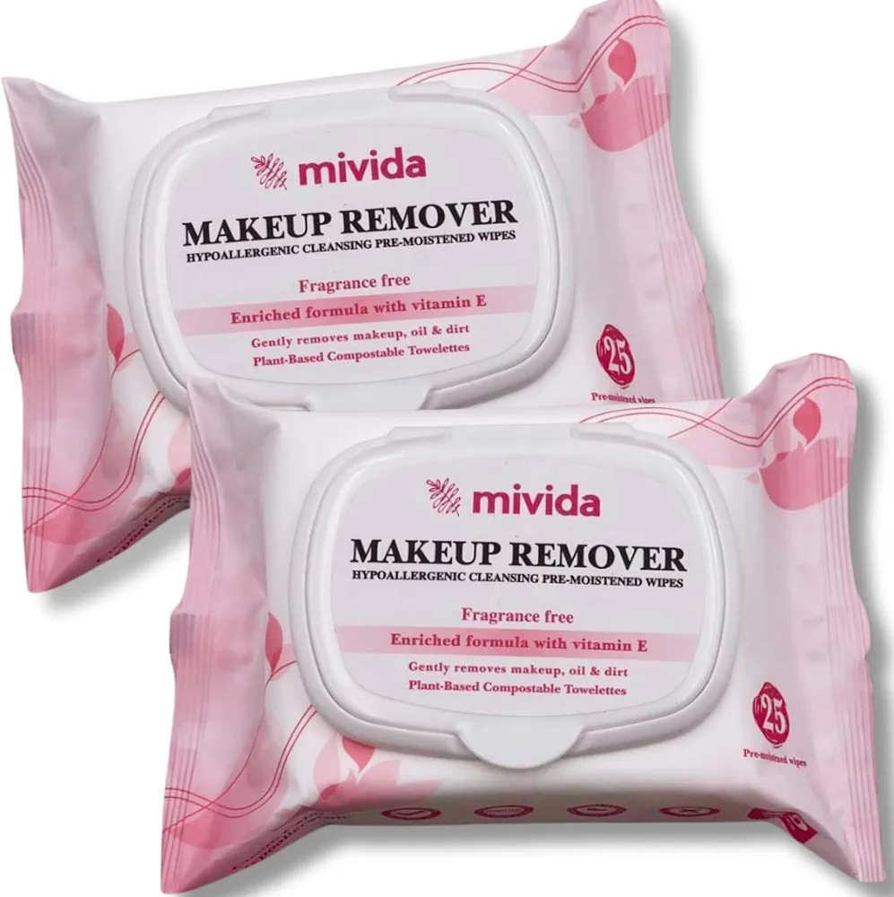 mivida Hypoallergenic Makeup Remover Wipes 2 Pack of 25 Count | Biodegradable Facial Cleansing Make up Remover Face Wipes with Vitamin E | Fragrance Free, Alcohol Free, Plant Based 50 Count wipes