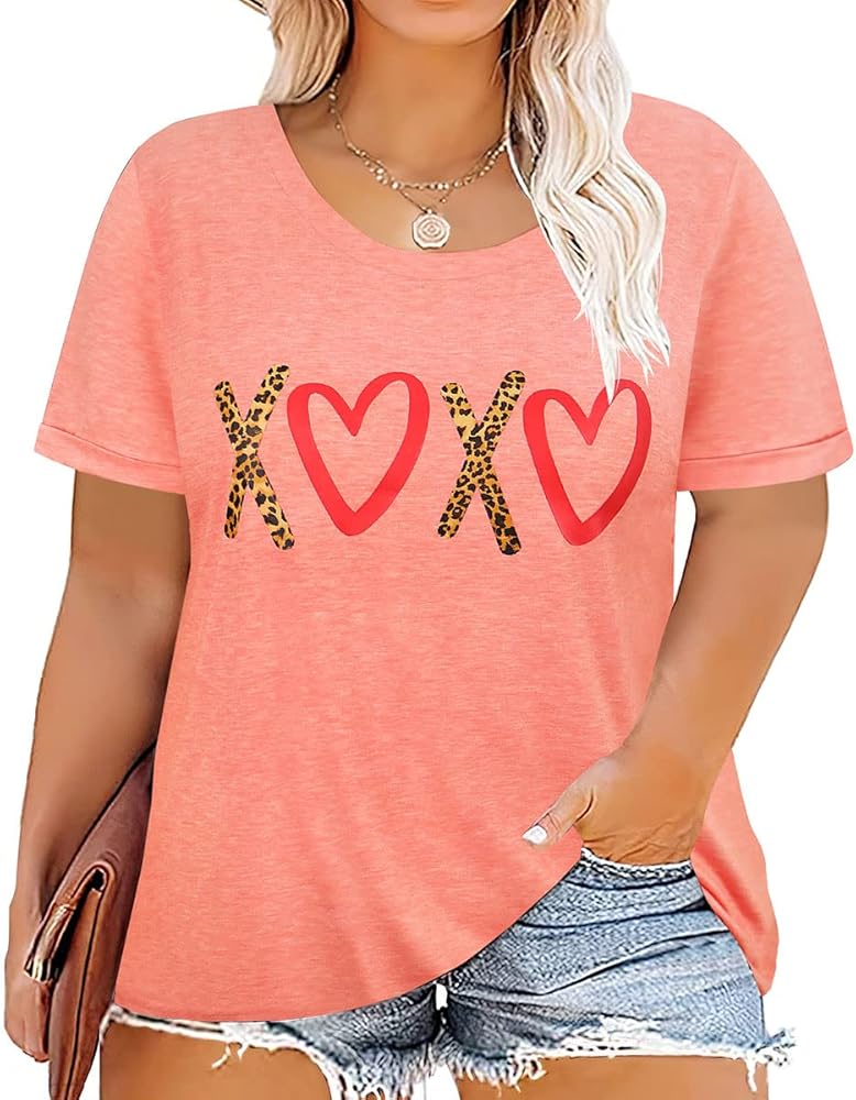 RITERA Plus Size Tops for Women 2X Round Neck Valentine's Print Holiday Tshirt Summer Short Sleeve Fashion Henley Shirt Oversized Blouse Loose Fit Lovely Tunic 2XL 18W 20W