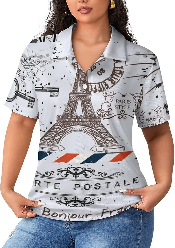 Paris Eiffel Tower Vintage Women's Polo Shirts Short Sleeve Golf T-Shirts Casual Work Blouses Tops