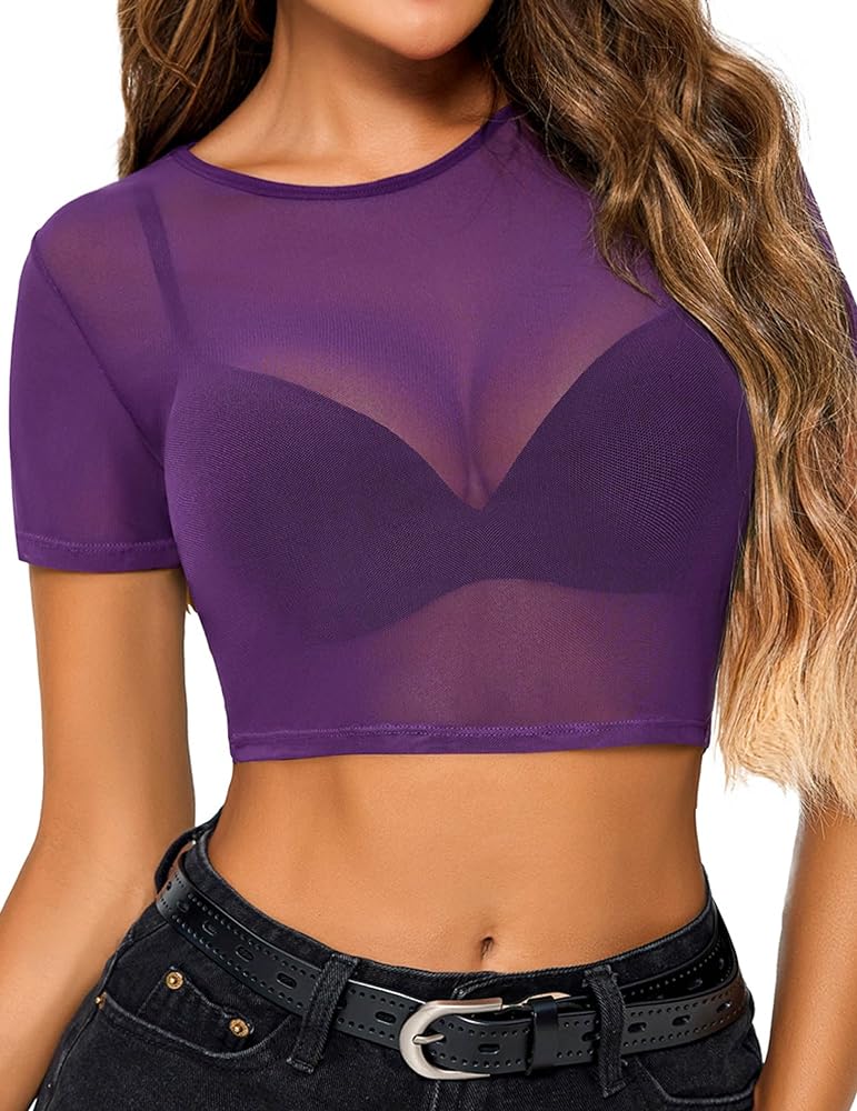 ADOME Mesh Top Mesh Crop Top Plus Sheer Cropped Shirt Black Crop Short Sleeve S-XXL