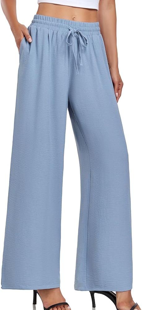 Women's Casual Pants Loose Fit Palazzo Pant Elastic Waisted Drawstring Tie Knot Trousers with Side Pockets