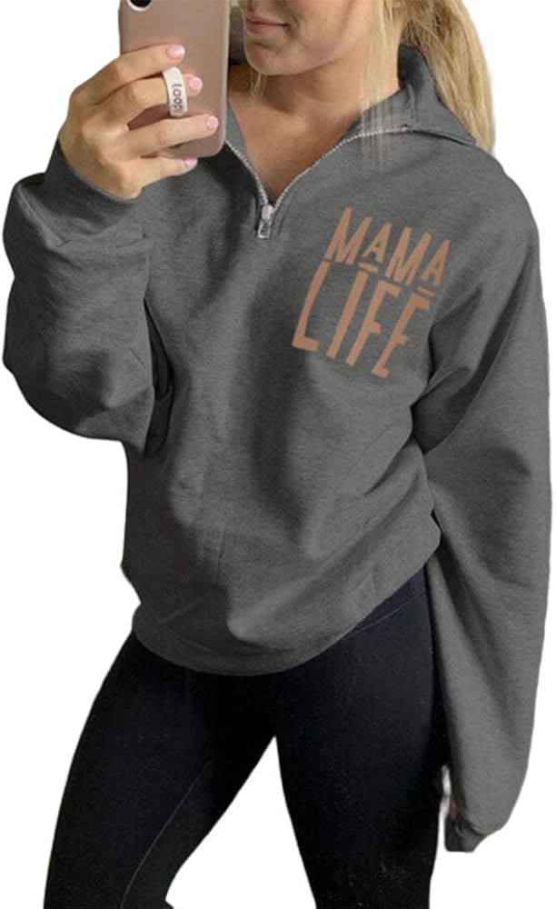 TAIUICY Women Mama Life Zip Up Pullover Sweatshirt Jacket High Collar Quarter 1/4 Zip Coat