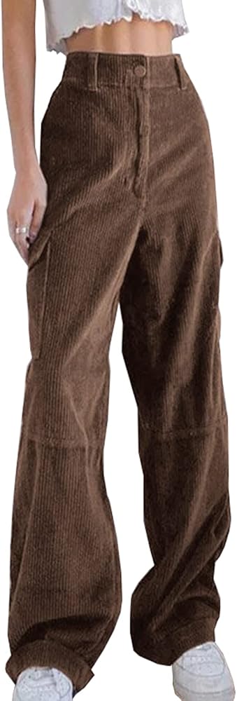 Women's High Waisted Loose Fit Vintage Straight Wide Leg Corduroy Pants with Pockets Brown