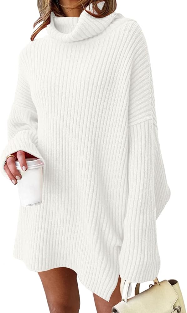 EFAN Womens Oversized Turtleneck Sweater Dress 2023 Trendy Pullover Ribbed Knit Dress