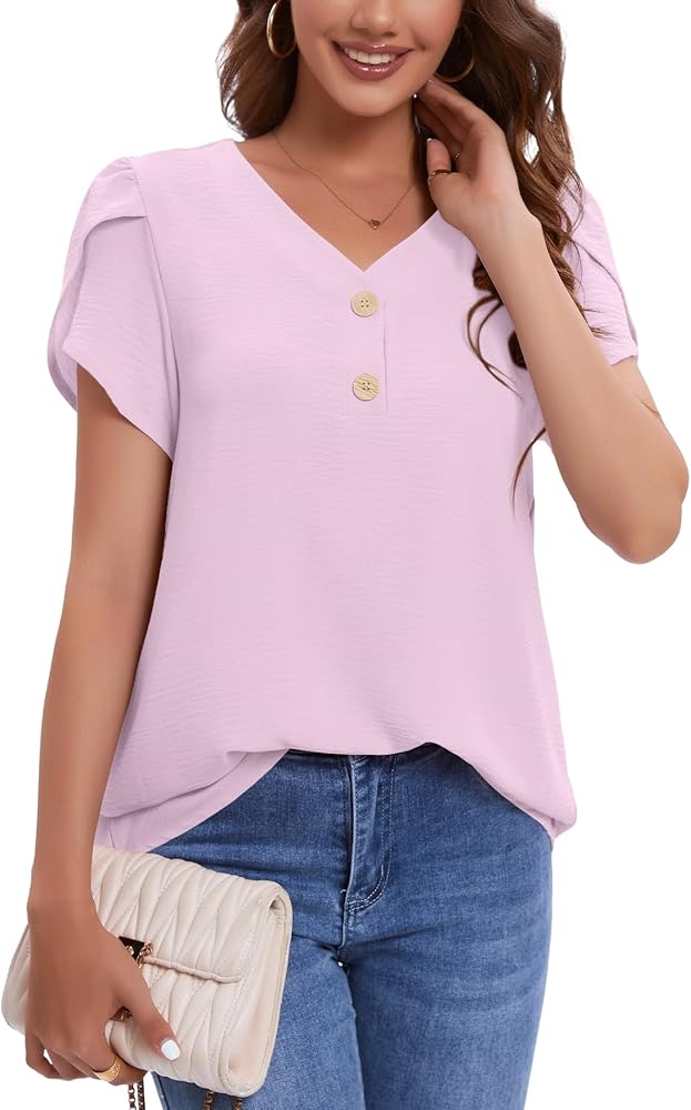 NILOUFO Womens Summer T Shirts Casual Short Sleeve Tops Trendy Blouses V Neck Tunic