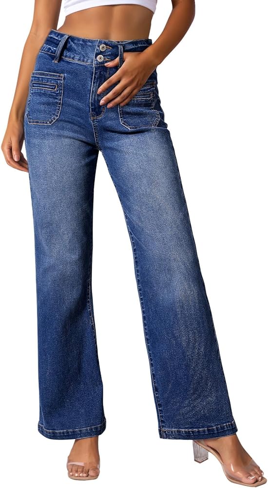 Sidefeel Womens Jeans High Waist Trendy 2024 Stretchy Flared Wide Leg Pockets Front Bootcut Casual Denim Pants