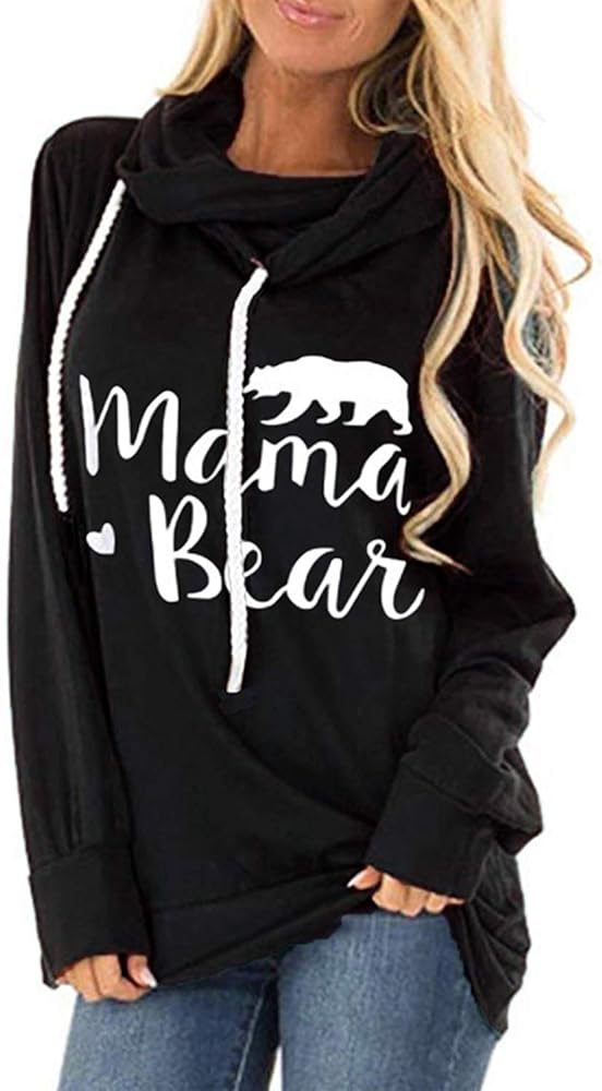 KAKALOT Women's Mama Bear Print Cowl Neck Hooded Sweatshirt Drawstring Pullover Top