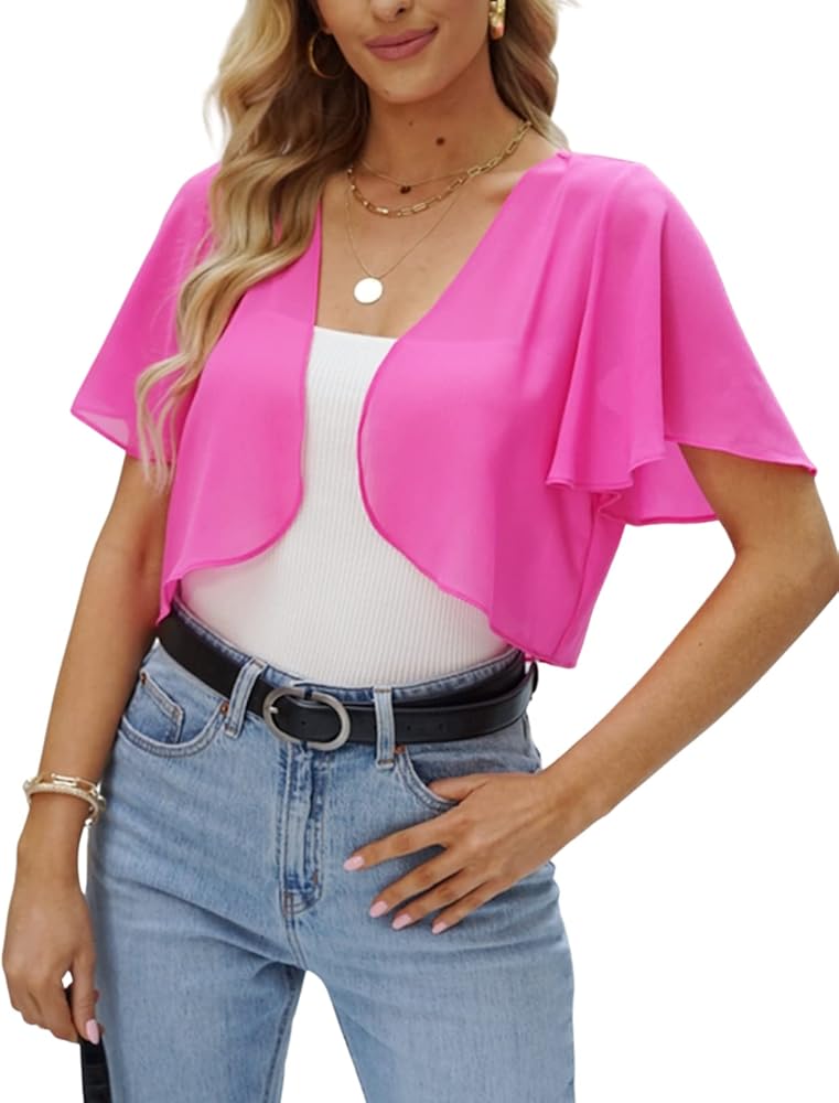 Kate Kasin Women Shrug Sheer Ruffle Short Sleeve Cropped Chiffon Bolero for Dress