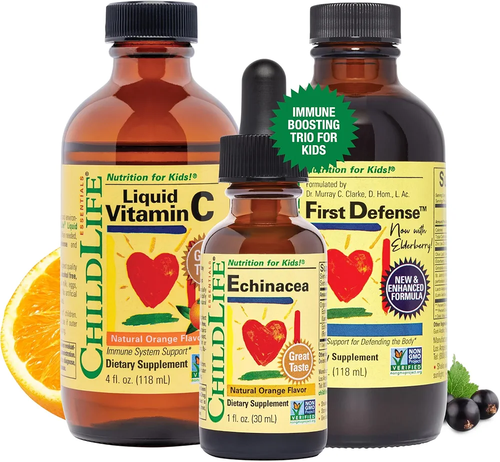 ChildLife Essentials Immune Support Bundle - Contains Liquid Echinacea, First Defense & Vitamin C - Immune Booster for Kids, All-Natural, Allergen-Free - Natural Orange Flavor, 1 Oz Bottle (Pack of 3)