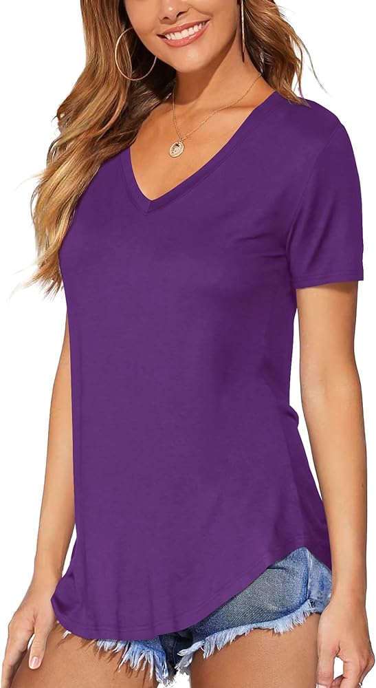 DittyandVibe Women Shirt Long/Short Sleeve V Neck Curved Hem Tunic Tops Tshirt