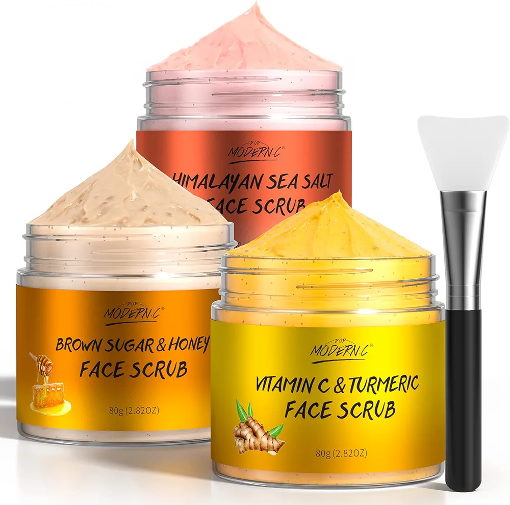 POP MODERN.C Face Scrub Set Vitamin C and Turmeric Facial Scrub Himalayan Sea Salt And Rose Exfoliator Brown Sugar And Honey exfoliating scrub Gentle Microdermabrasion Gift