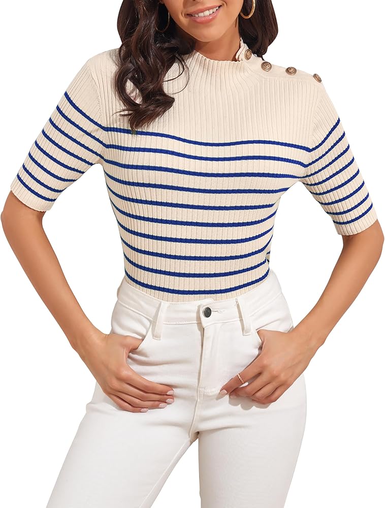 PrettyGuide Women's Short Sleeve Sweater Tops Mock Neck with Button Pullover Slim Fit Casual Business Knit Basic Top