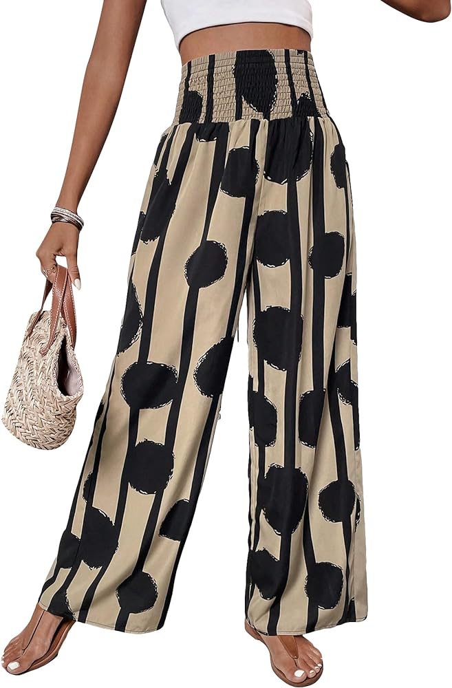 OYOANGLE Women's Boho Polka Dots Shirred Elastic High Waist Loose Wide Leg Long Pants