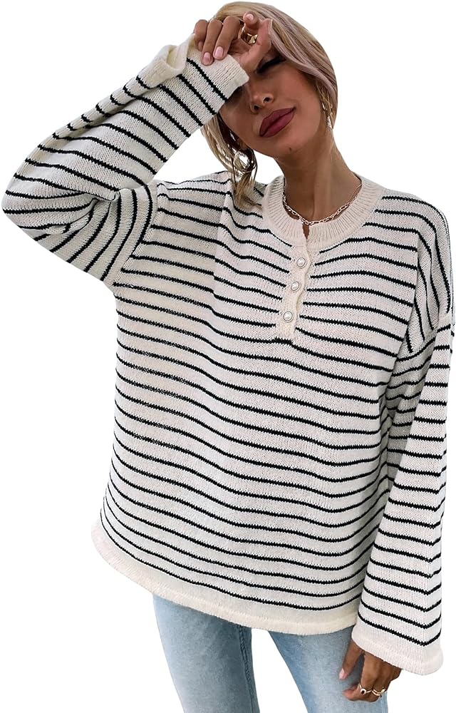 SHENHE Women's Striped Long Sleeve Button Up Ribbed Knit Oversized Sweater Tops