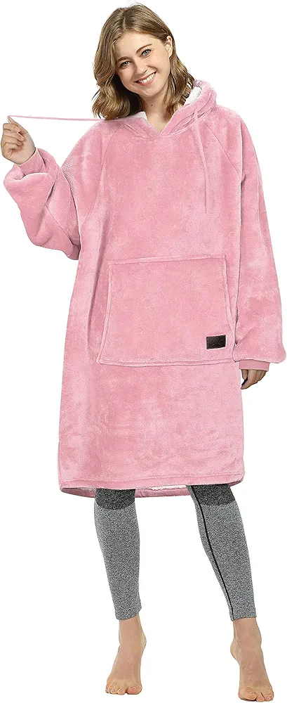 Catalonia Women’s Sherpa Hoodie Sweatshirt Dress, Casual Snuggle Wearable Blanket Pullover Sweater with Kangaroo Pocket, Gift for Her Pink