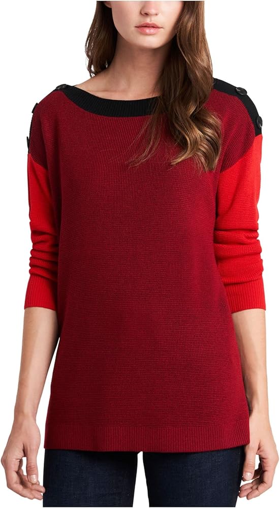 Vince Camuto Womens Red Ribbed Sheer Button Detail Vented Sides Color Block Long Sleeve Boat Neck Sweater L