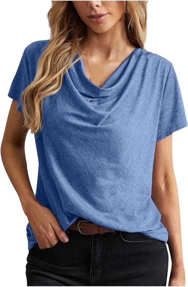 DASAYO Women's Drape Cowl Neck Tops Casual Summer Short Sleeve Blouse Shirts Loose Solid Comfy Fashion Shirt Tunics Clothes