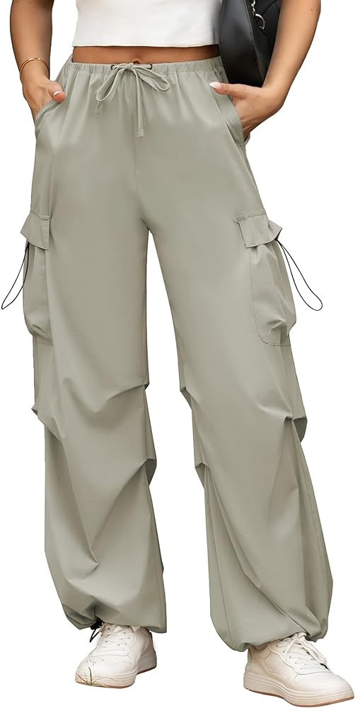 Cargo Pants for Women Baggy Parachute Pants Y2K Wide Leg Drawstring Elastic Waist 2024 Trendy with Pockets