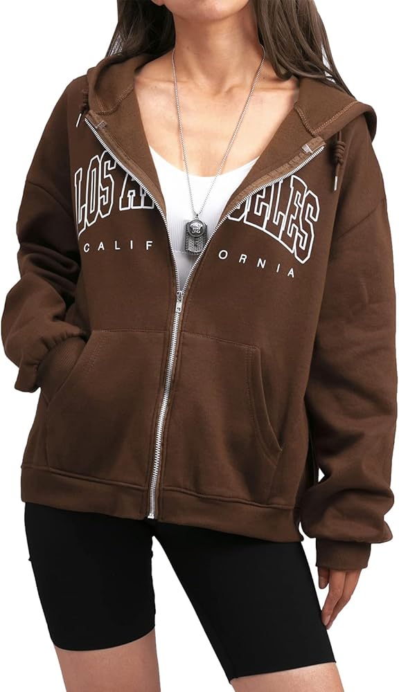 Los Angeles Oversized Zip Up Hoodie for Women California Letter Sweatshirt Brown Aesthetic Clothes Cotton Jacket(Brown,XL)