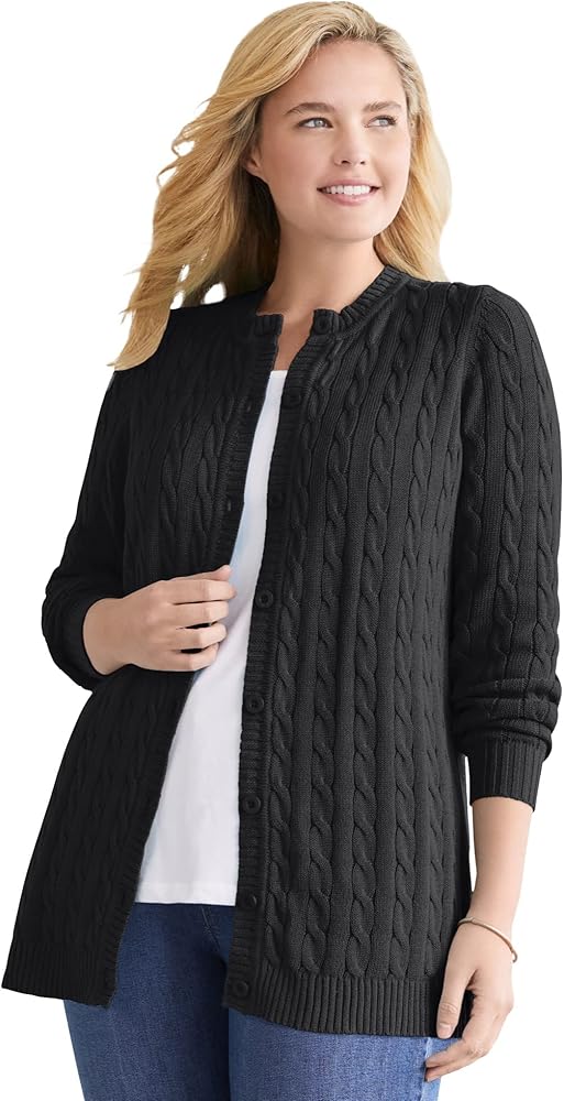 Woman Within Women's Plus Size Cotton Cable Knit Cardigan Sweater