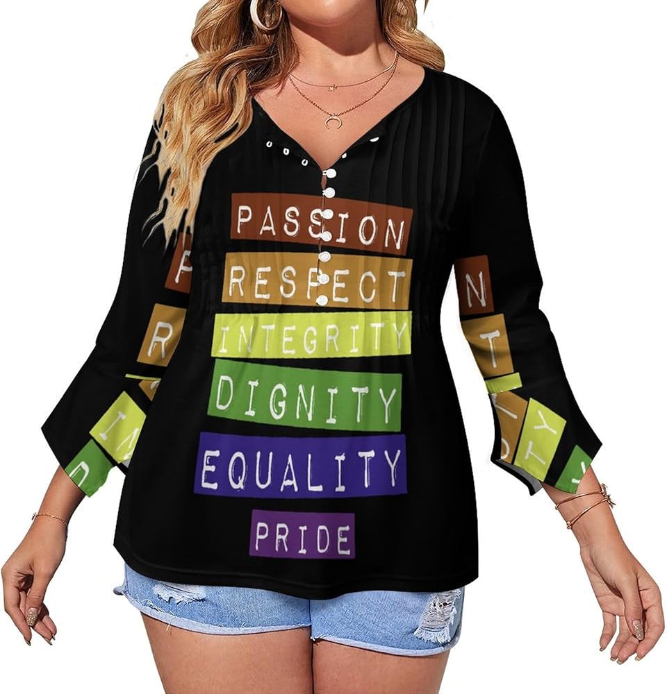 LGBT Gay Pride Cute Womens T-Shirts 3/4 Sleeve Button Down Tee Tops Blouse Summer Beach