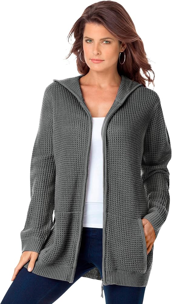 Roaman's Women's Plus Size Thermal Waffle Hoodie Zip Up Cardigan Jacket