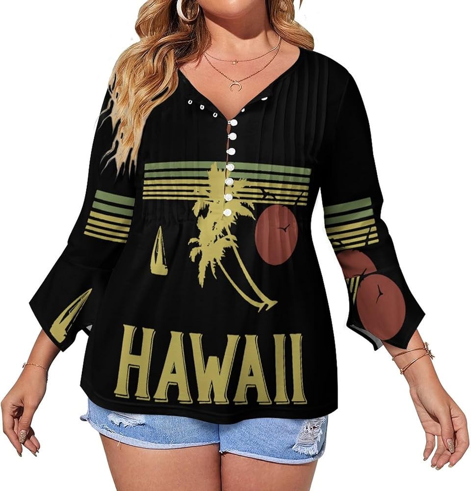 Vintage Hawaiian Cute Womens T-Shirts 3/4 Sleeve Button Down Tee Tops Blouse Summer Beach