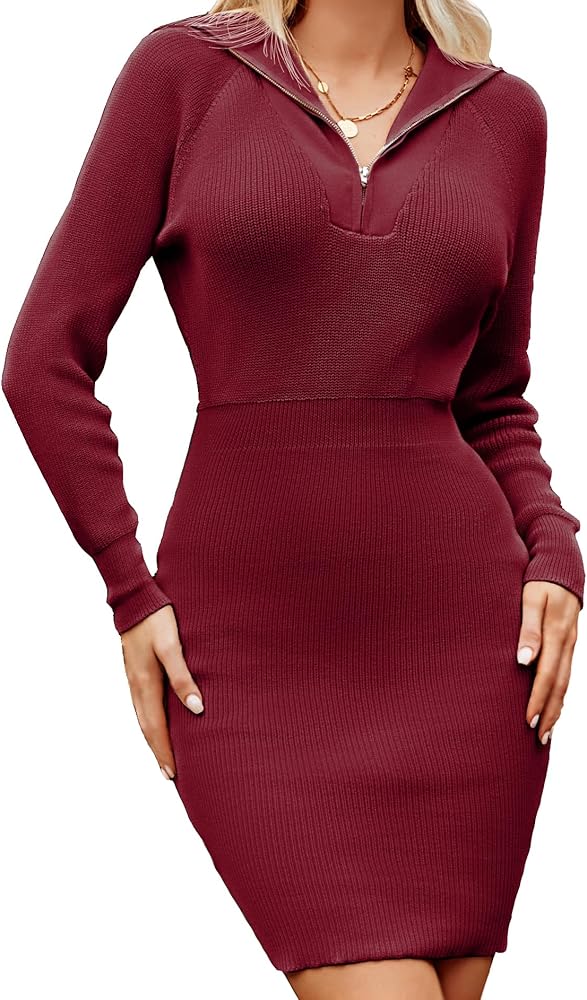 GRACE KARIN Women Casual Long Sleeve Dress V Neck Zip-up Slim Fitted Bodycon Knit Fall Winter Dress 2024