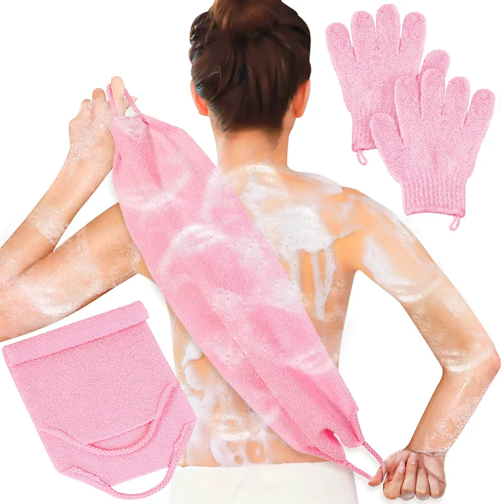 Anezus Exfoliating Shower Bath Gloves Back Scrubber Set for Body, Face, Shower, Bath, Scrub and Exfoliator (Pink)