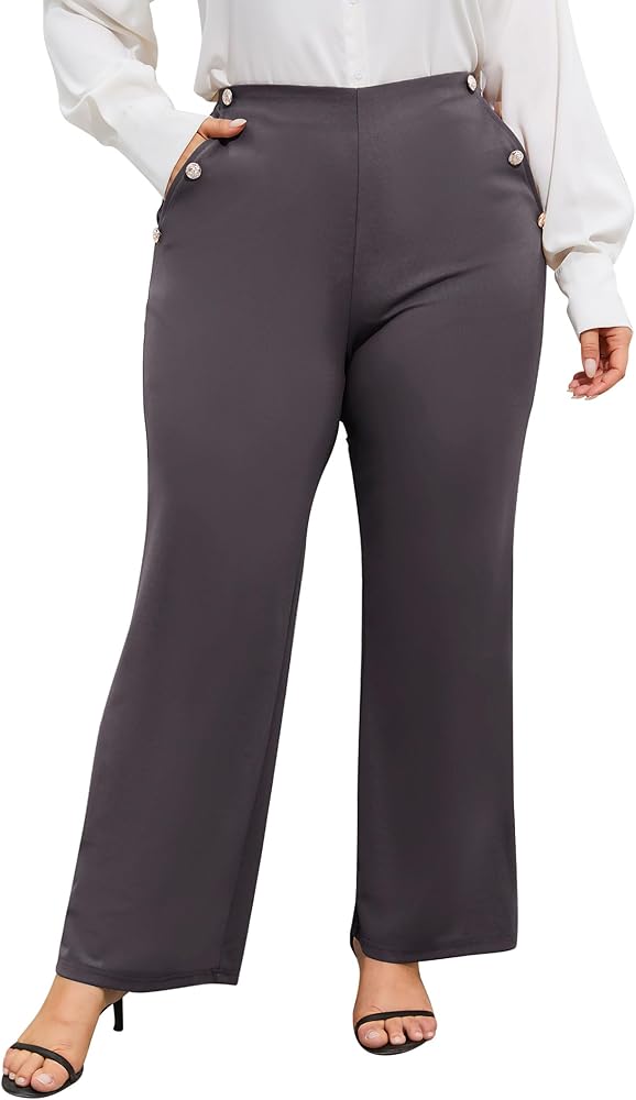 ShopWonder Plus Size Dress Pants for Women Stretch Pull On Flare Pants Pockets Dressy Business Casual Work Pants