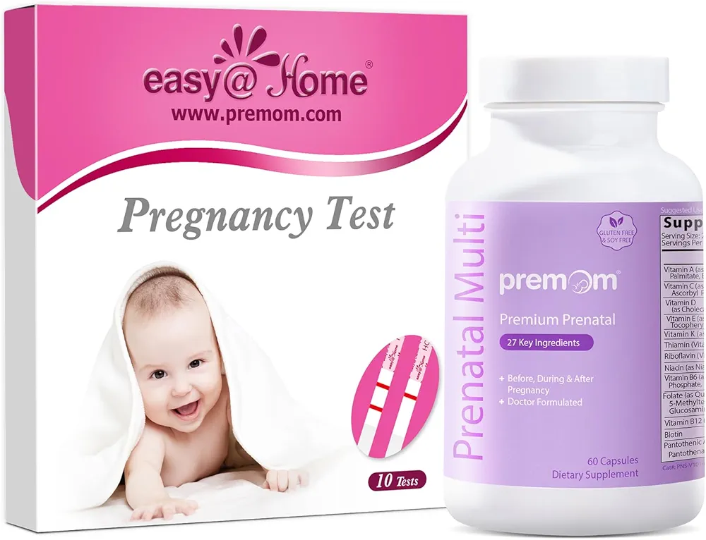 Easy@Home Pregnancy Test Strips Kit: 10-Pack HCG Test Strips + Premom Multivitamin for Women - Prenatal Formula Vitamin Supplements