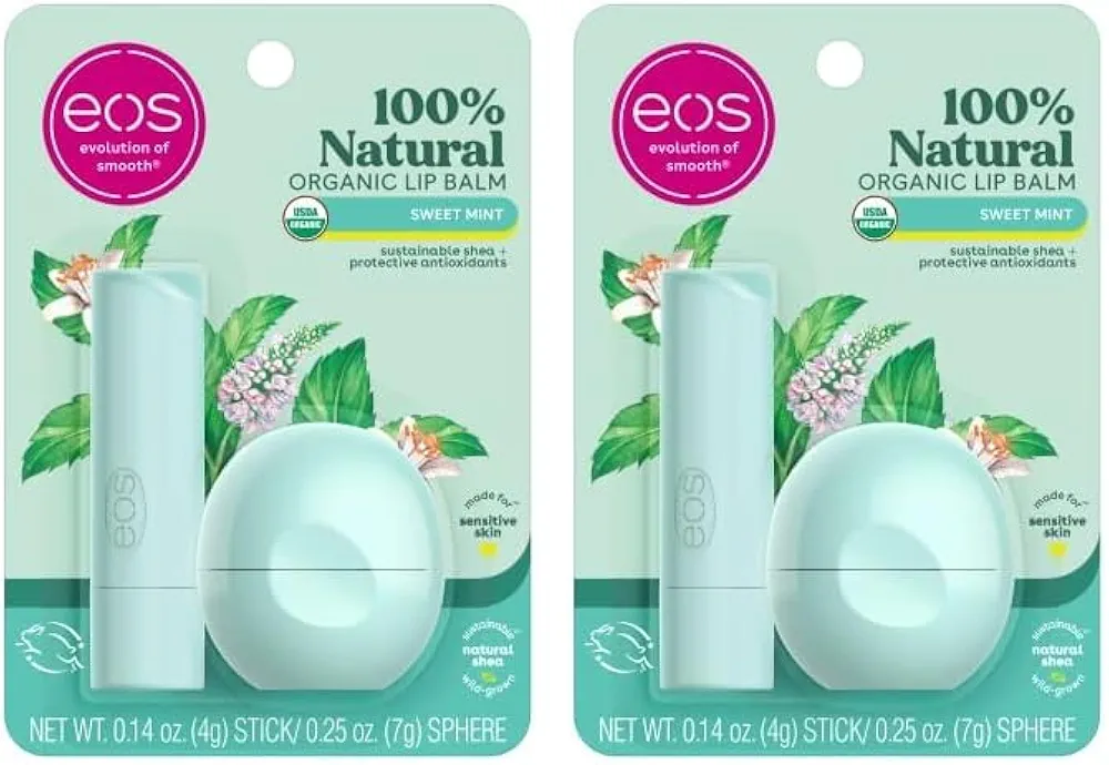 eos 100% Natural & Organic Lip Balm- Sweet Mint, Dermatologist Recommended, All-Day Moisture Lip Care, 0.39 oz, Stick & Sphere (Pack of 2)