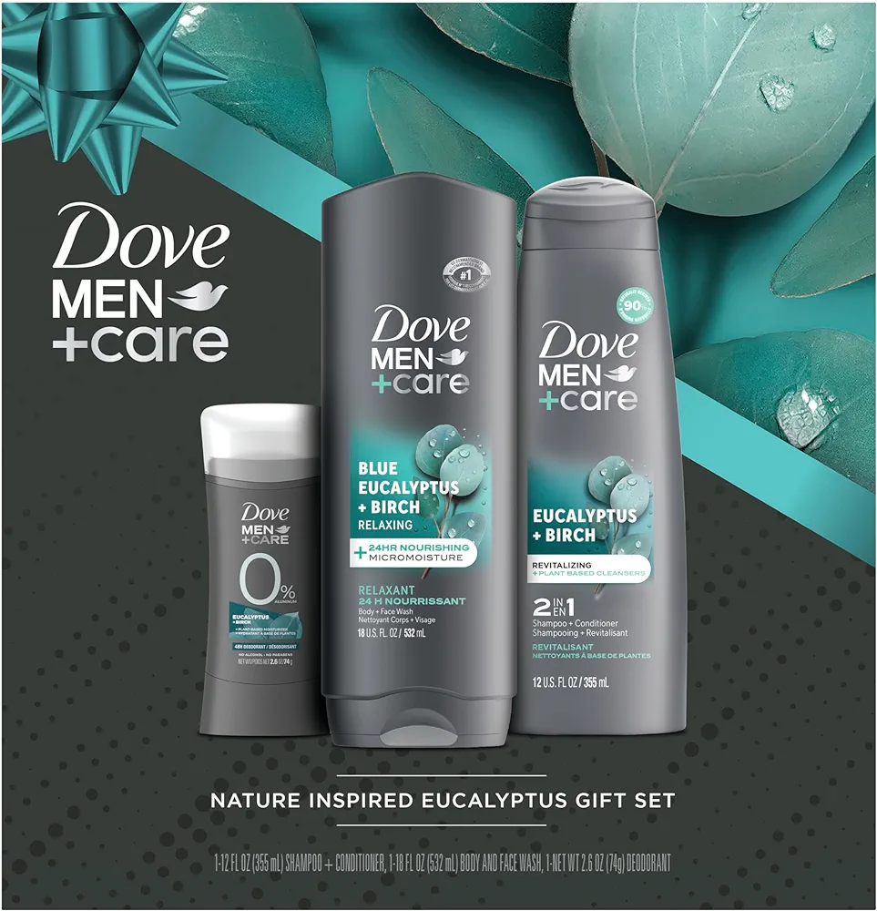 Dove Men+ Care Gift Set – Dove Body Wash, Dove Mens Shampoo & Conditioner 2-in-1, Dove Deodorant, Eucalyptus + Birch Scent (3 Piece Set)