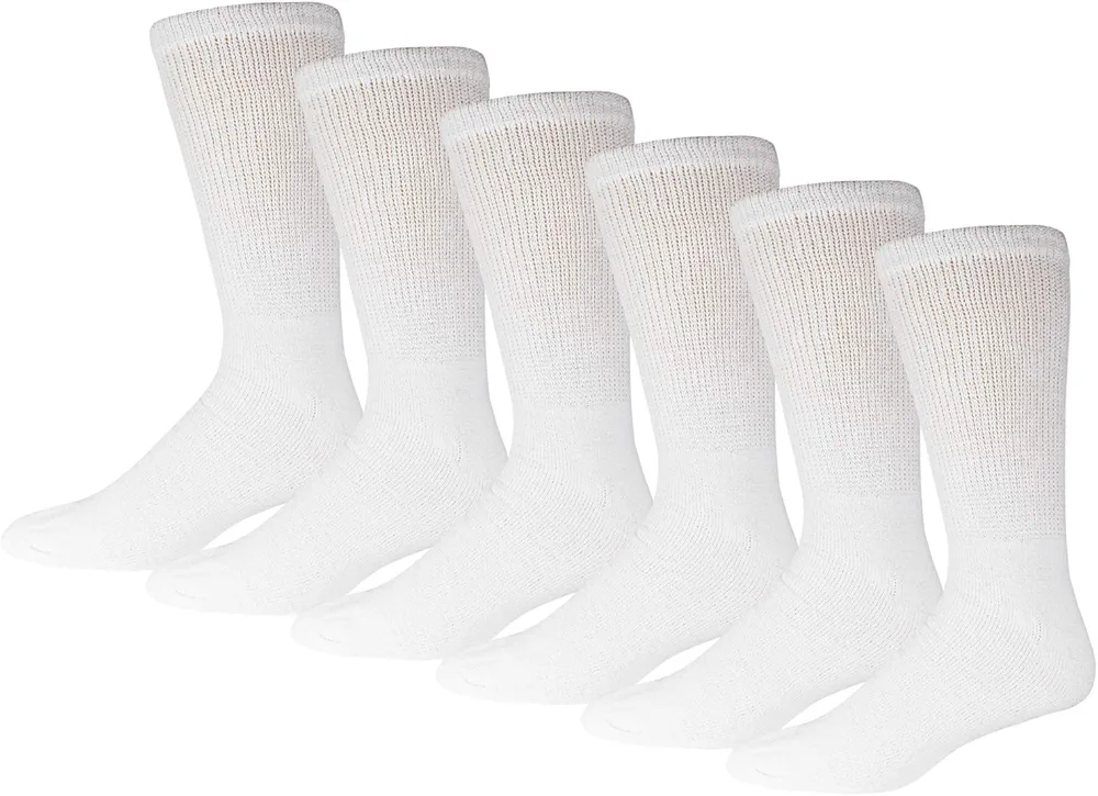 6 Pairs of Cotton Diabetic Non-Binding Neuropathy Crew Socks (White, Fits Mens Shoe Size 8-10/Womens shoe size 9-11)