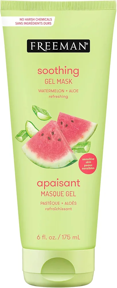 Freeman Soothing Watermelon & Aloe Gel Facial Mask, Hydrates, Nourishes, & Soothes Irritated Skin, Cooling, Calming Gel Face Mask, For Sensitive & Break-Out Prone Skin, 6 fl.oz. Tube, 1 Count