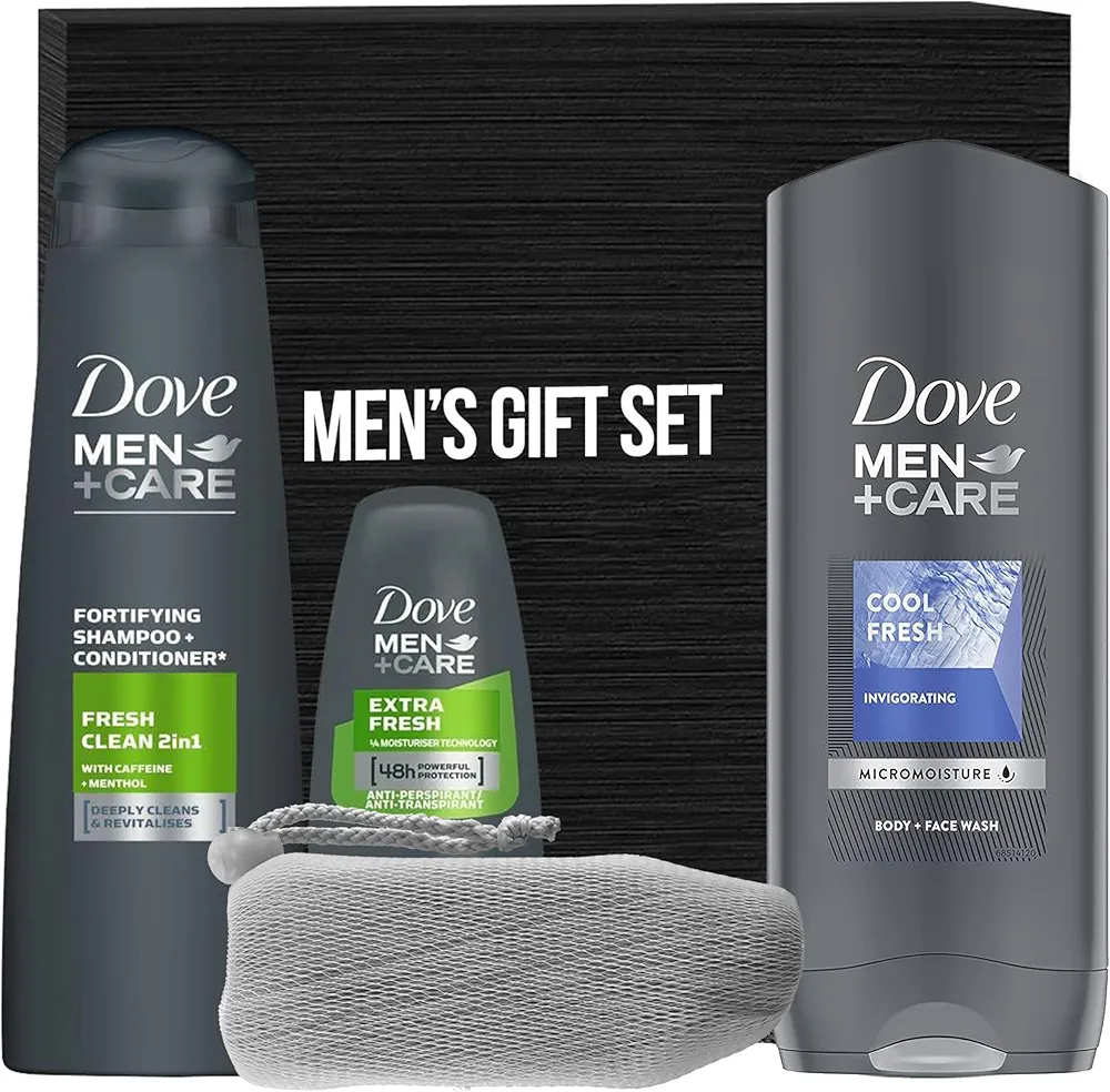 Men+Care Men's Gift Set, 4 Piece Set Includes Dove Men Body and Face Wash Extra Fresh, Dove Deodorant Extra Fresh, Dove Shampoo Fresh and Clean with Bonus Soap Saver, in Mens Gift Box