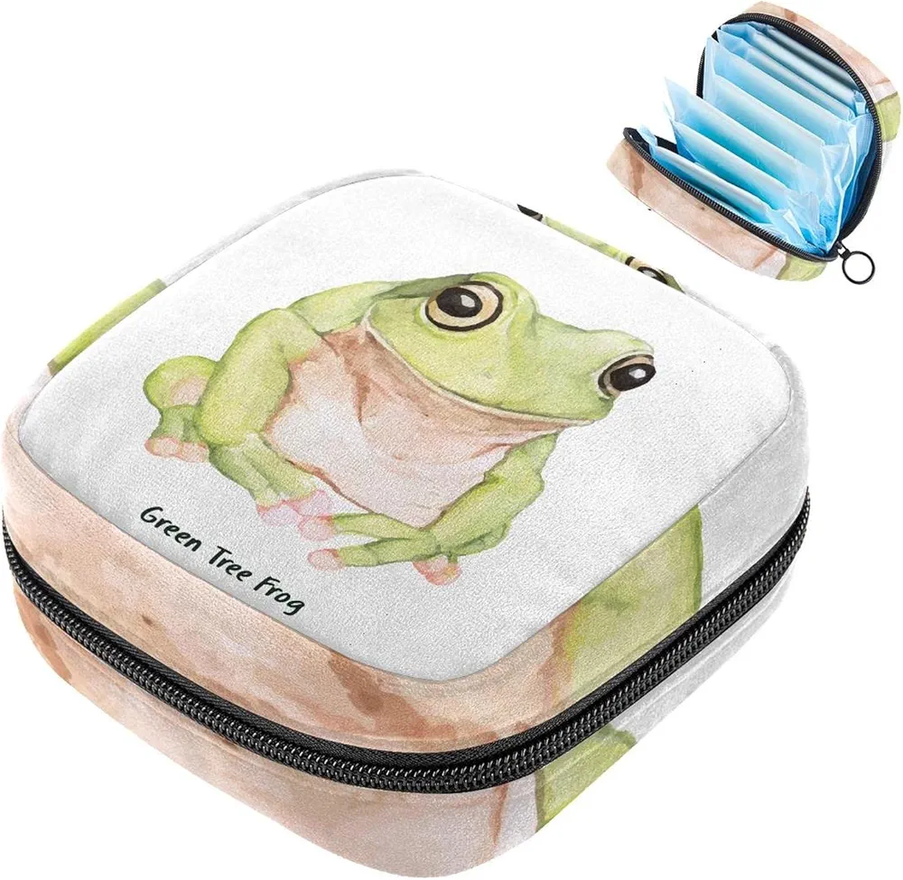 Sanitary Napkin Storage Bag, Zipper Period Pouch for Teen Girls Women, Portable Menstrual Tampons Collect Bags Watercolor Green Tree Frog