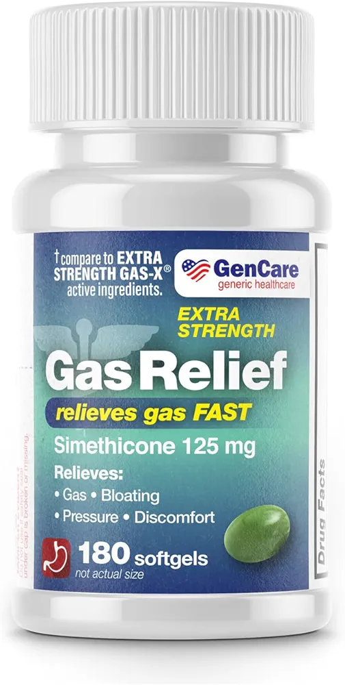 GenCare -Extra Strength Gas Relief Simethicone 125mg (180 Softgels) Maximum Strength Anti Gas Pills for Bloating Relief, Pressure & Discomfort - Compare to Generic Extra Strength Gas X