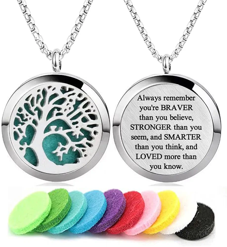 Aromatherapy Essential Oil Diffuser Necklace Stainless Steel lnspirational Locket Pendant(Tree of Life)