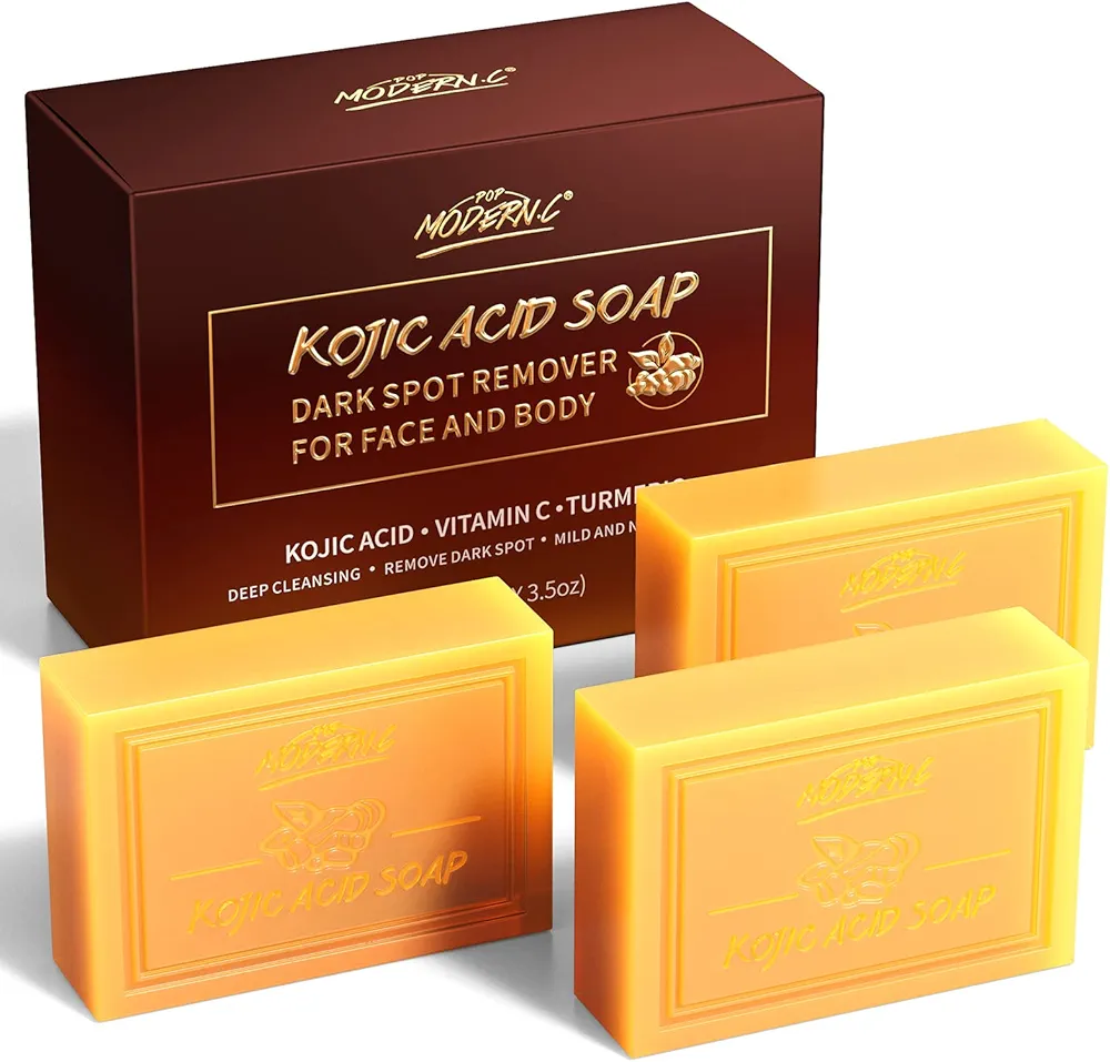 POP MODERN.C Kojic Acid Soap Turmeric Soap 3PCS Dark Spot Remover for Face and Body Bath Soap Moisturizing Even out Tone Skin Vitamins C Soap for Acne Blackheads Remover 3x100g Christmas gift