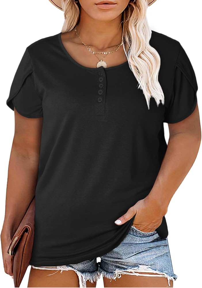 Eytino Plus Size Tops for Women Summer Crewneck Petal Short Sleeve Henley Shirts Casual Loose Tunic Blouse(1X-5X)