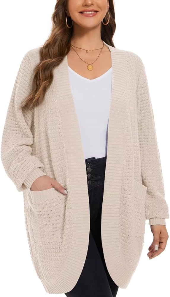 LARACE Long Cardigans for Women Plus Size Tops Open Front Sweaters with Pockets Waffle Ribbed Sleeve Loose Fall Outwear