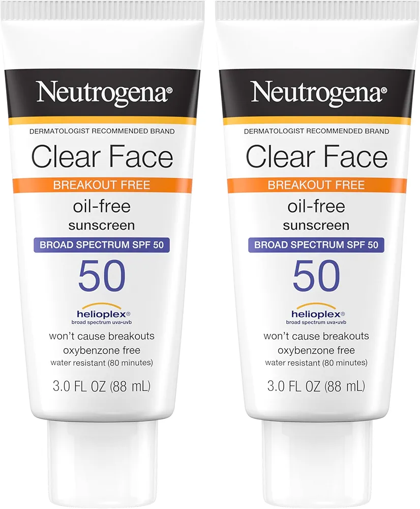 Neutrogena Face Sunscreen Broad Spectrum SPF 50 Clear Face Breakout Free Lotion, Fragrance- & Oxybenzone-Free, Non-Comedogenic, Twin Pack, 2 x 3 fl. oz