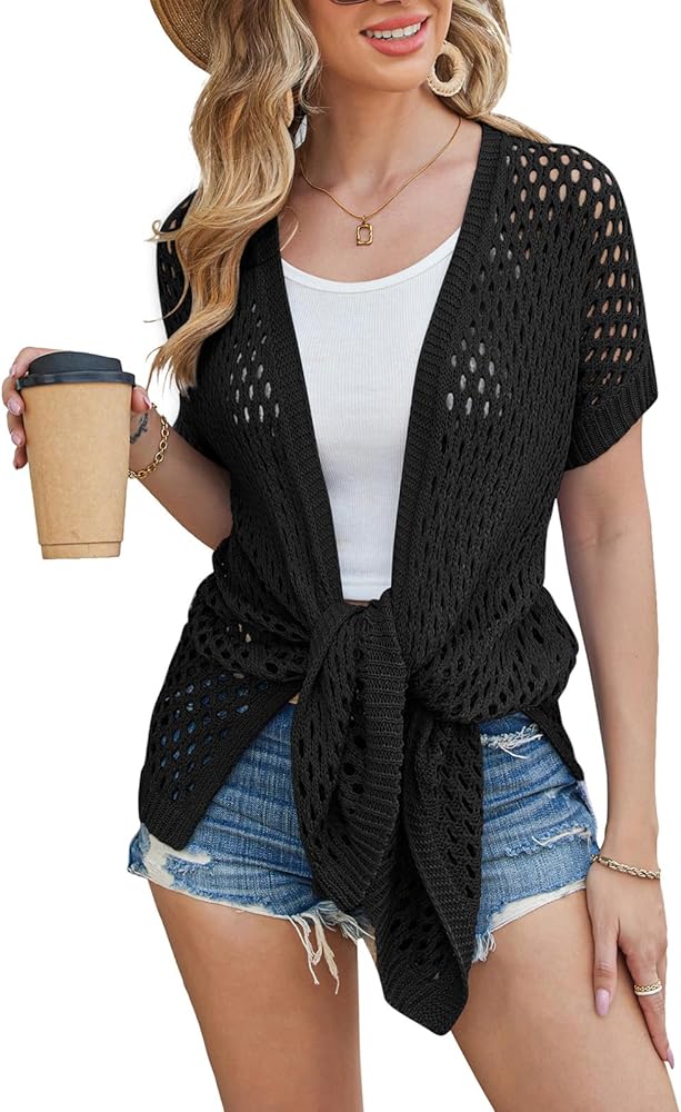 GRACE KARIN Mesh Cardigan Sweaters for Women Crochet Short Sleeve Open-front Long Cardigan Cover ups Knitted Sheer Tops