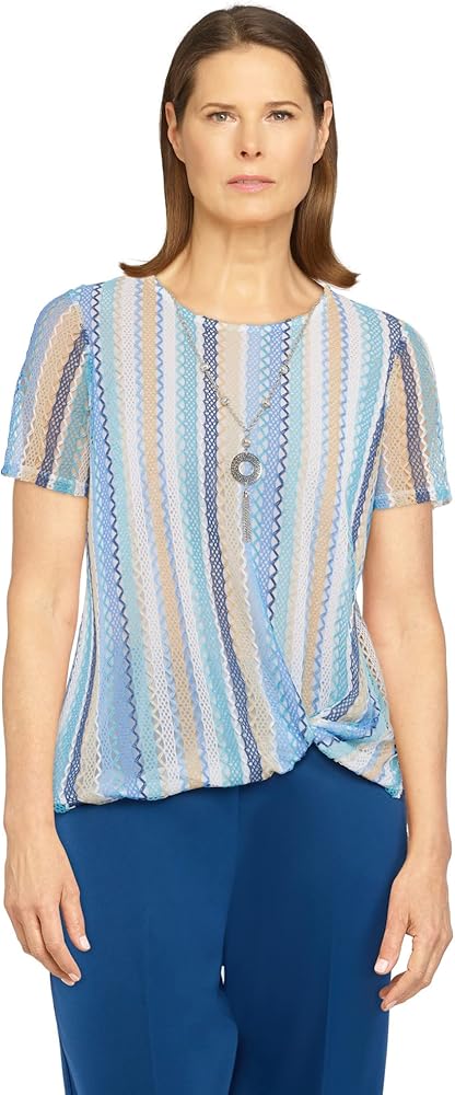 Alfred Dunner Women's Striped Twist Hem Top with Necklace