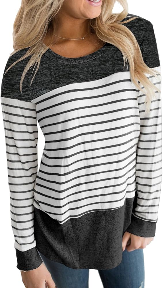 Womens Long Sleeve Round Neck T Shirts Color Block Striped Causal Blouses Tops