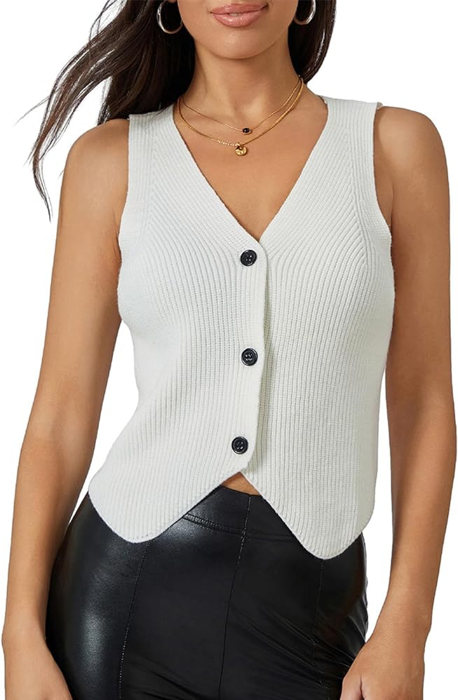 Women Vest Tops Sleeveless V Neck Button Knit Sweater Vest