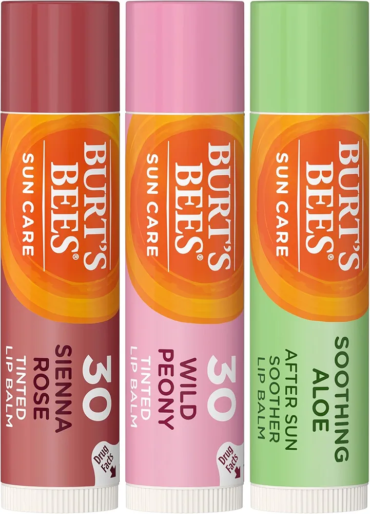 Burt's Bees Sun Care Lip Balm Pack, SPF 30 Tinted Lip Balm, After Sun Lip Balm, Water-Resistant Lip Moisturizer, Wild Peony, Sienna Rose, Natural Origin Lip Care, 3 Tubes, 0.15 oz.