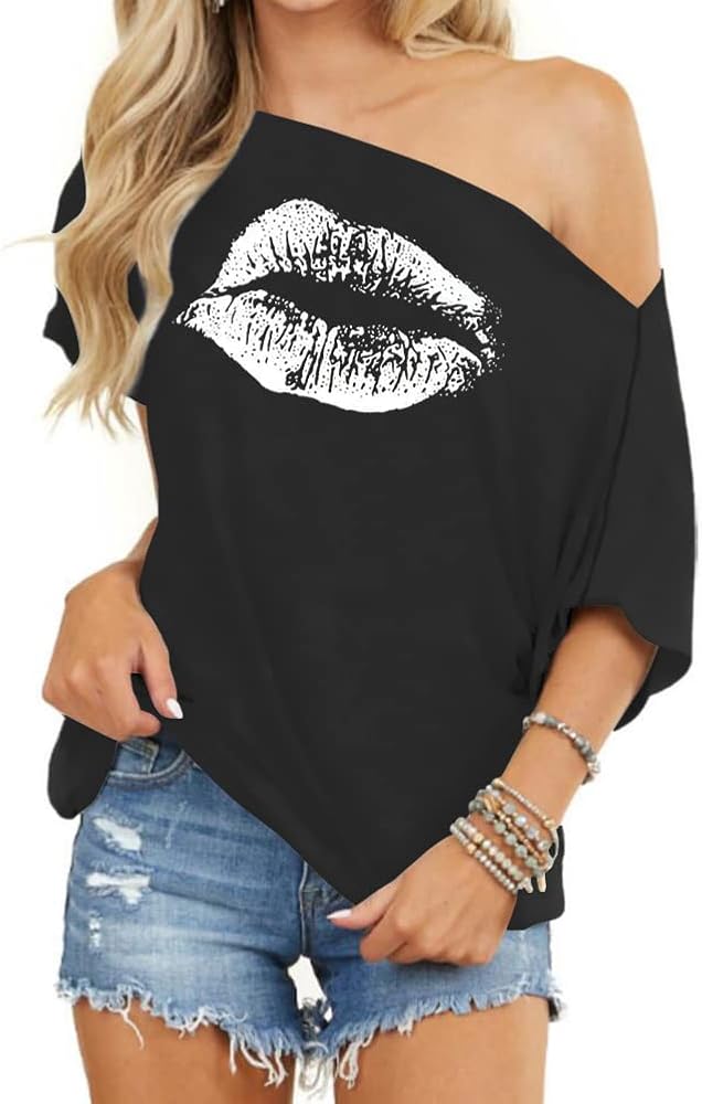 INFITTY Women's Off Shoulder Tops Short Sleeve Casual Loose Batwing Shirts Oversized Blouse Tunic